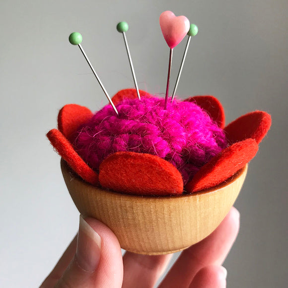Handcrafted Wool Pincushion: Fuchsia with Orange
