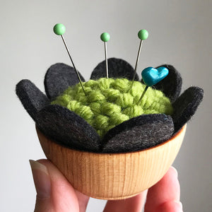Handcrafted Wool Pincushion: Green with Charcoal