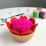 Handcrafted Wool Pincushion: Fuchsia with Orange