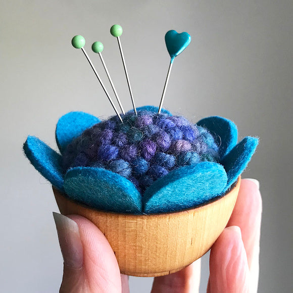 Handcrafted Wool Pincushion: Multi Blues with Turquoise